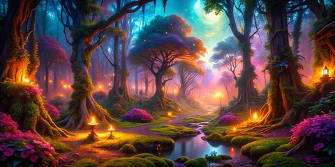 Enchanting Fantasy Forest Twilight Landscape - Mystical Surreal Glowing Sky Photo