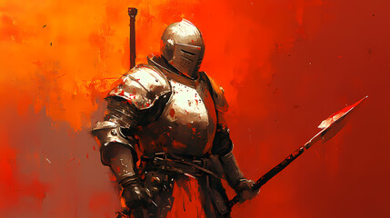 A stalwart knight in shining armor with a spear, ready for adventure, digital art of character design concept. Stalwart. Illustration