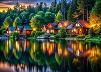 Fototapeta premium Enchanting Illuminated Cottages by Tranquil Lake - Panoramic Nature Scene