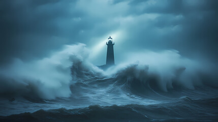 Amidst crashing waves and turbulent skies, a lighthouse stands as a stalwart guardian, its beam piercing the darkness to guide ships safely home. Stalwart. Illustration