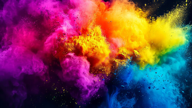 Vibrant explosion of colorful powder on dark background