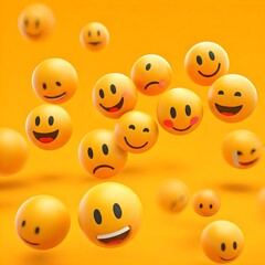 Fototapeta premium Smiley faces scattered across a bright yellow background, creating a cheerful, playful vibe, ideal for expressing happiness, positivity, and fun.