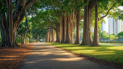 Obraz premium Serene Urban Park Path Surrounded by Majestic Banyan Trees
