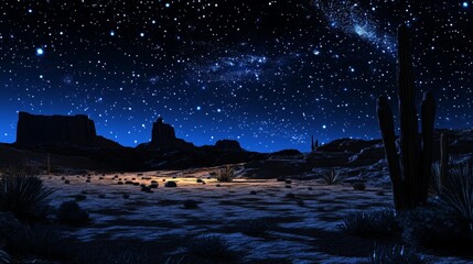 Naklejka premium Night Sky Over Desert Landscape with Stars and Cacti Features