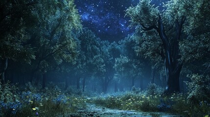 Obraz premium Enchanted Forest Under Starry Sky with Lush Vegetation and Blossoms
