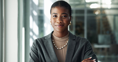 Portrait, smile and lawyer with business black woman in office for advocate, confidence and attorney clerk. Professional, legal counsel and opportunity with employee in law firm of Kenya for career