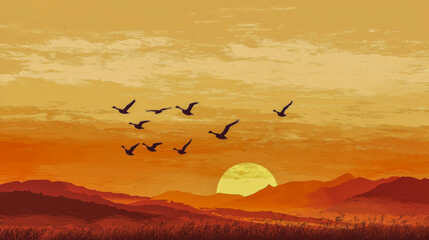 Obraz premium Flock of birds silhouetted against a vibrant sunset over rolling hills