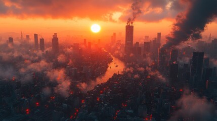 Fototapeta premium A dramatic sunset over a cityscape, with smoke and glowing elements suggesting destruction.