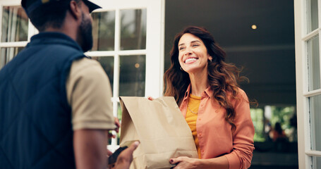 Delivery man, woman or courier with phone for package by front door for online shopping order or...