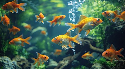 Fototapeta premium A vibrant underwater scene featuring various goldfish swimming among aquatic plants.