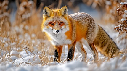 Vibrant red fox in winter snow against autumnal background
