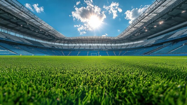 Sunny day at a modern soccer stadium, green field in low angle view.