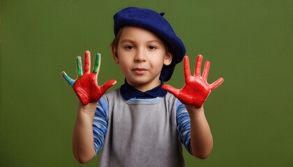 Joyful Expression A Small Child Artist Proudly Displays His PaintSplattered Hands After Creating a Colorful Masterpiece in a Playful Artistic Adventure