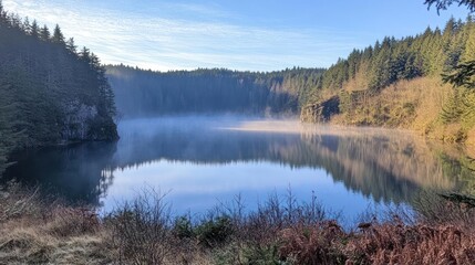 Fototapeta premium Tranquil lake scene surrounded by misty forests under a clear blue sky.