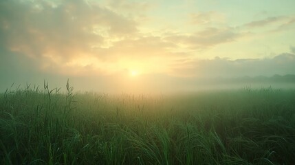 Fototapeta premium Serene Sunrise Over Misty Field with Lush Green Grass