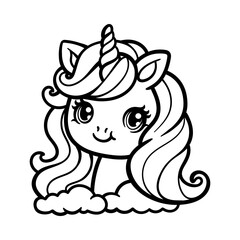 cute fun unicorn on the clouds cartoon isolated drawing line art style sketch classic vintage design illustration