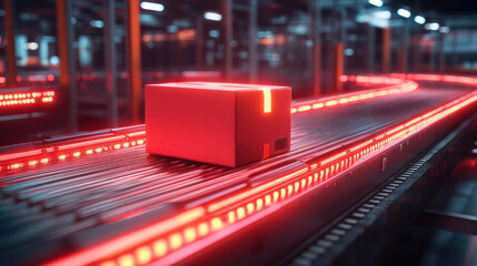 A box moving along a conveyor belt illuminated by red lights in a warehouse setting.