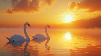 Naklejka premium Elegant Swans Gliding on Calm Water at Sunset with Golden Sky