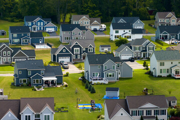 Aerial view of private residential houses in rural suburban sprawl area in Rochester, New York....