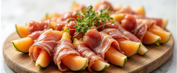 Prosciutto Wrapped Melon Slices on Wooden Platter with Fresh Herb Garnish Bright Background