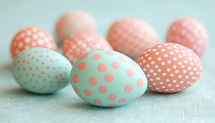 Fototapeta premium Turquoise and Coral Polka Dot Easter Eggs on a Soft Turquoise Background with Space for Text