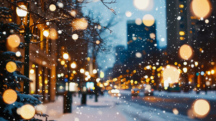 Obraz premium Snowy Cityscape with Colorful Holiday Lights in Evening Glow