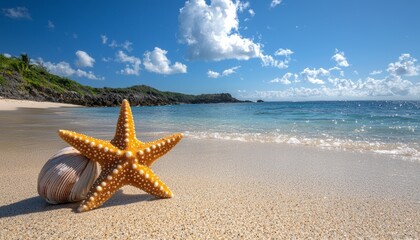 Starfish and Seashell on Tropical Sandy Beach