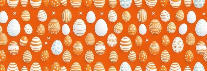 Bright orange Easter eggs decorated with white patterns, stripes, and dots, creating a lively and festive backdrop that celebrates the joy of springtime and Easter traditions