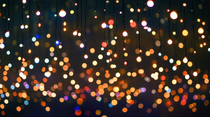 Vibrant glow of colorful string lights on dark background