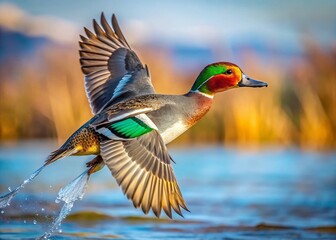 Obraz premium Falcated Duck in Flight, Elegant Waterfowl Bird, Asian Wildlife, Nature Photography