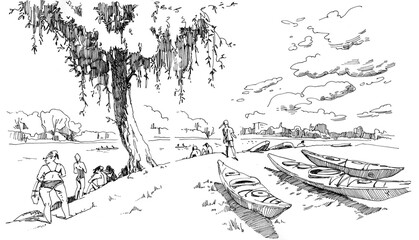 Art-line ink drawing of river beach with boats and resting peoples. Hand drawn with liner. Freehand drawing sketch
