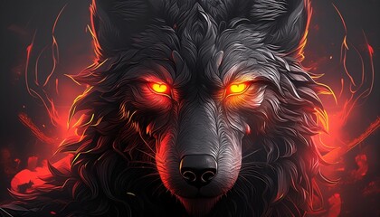 Mysterious Wolf with Striking Yellow Eyes Against a Dark Background and Fiery Red Glow A Captivating Portrait of Natures Majestic Predator