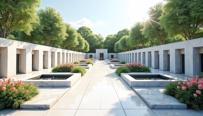 Modern memorial garden with symmetrical pathways, fountains, and lush greenery, evoking themes of remembrance, cemetery traditions, and honoring the deceased