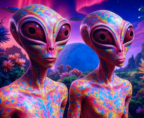 Colorful and vibrant humanoid alien beings showcased with intricate designs in a surreal, otherworldly habitat, under a galactic sky with lush, exotic flora.