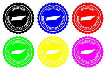 Tennessee - rubber stamp - vector, Tennessee (United States of America) map pattern - sticker - black, blue, green, yellow, purple and red 