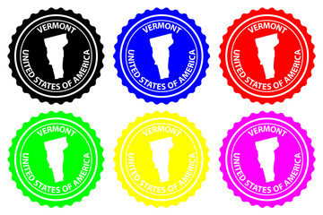 Vermont - rubber stamp - vector, Vermont (United States of America) map pattern - sticker - black, blue, green, yellow, purple and red 