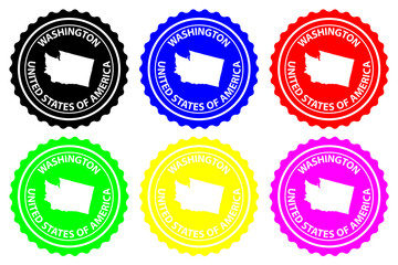 Washington - rubber stamp - vector, Washington (United States of America) map pattern - sticker - black, blue, green, yellow, purple and red 