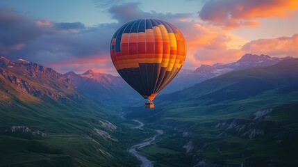 Naklejka premium A vibrant hot air balloon floats over a scenic valley at sunset, showcasing natural beauty.