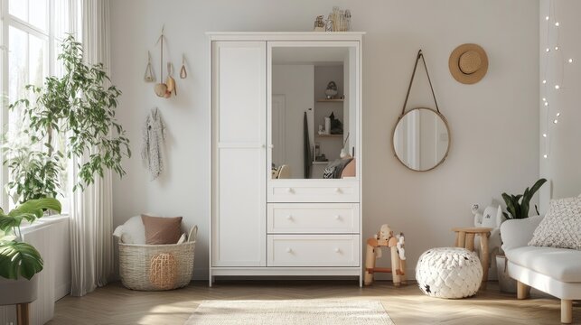 White wardrobe with mirror in bright minimalist bedroom.
