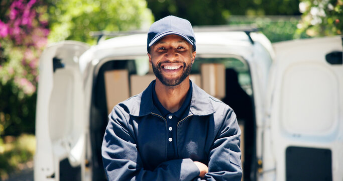 Courier, delivery man and portrait with arms crossed outdoor for ecommerce business and supply chain. Logistics, van and black driver in export industry for package distribution and cargo service