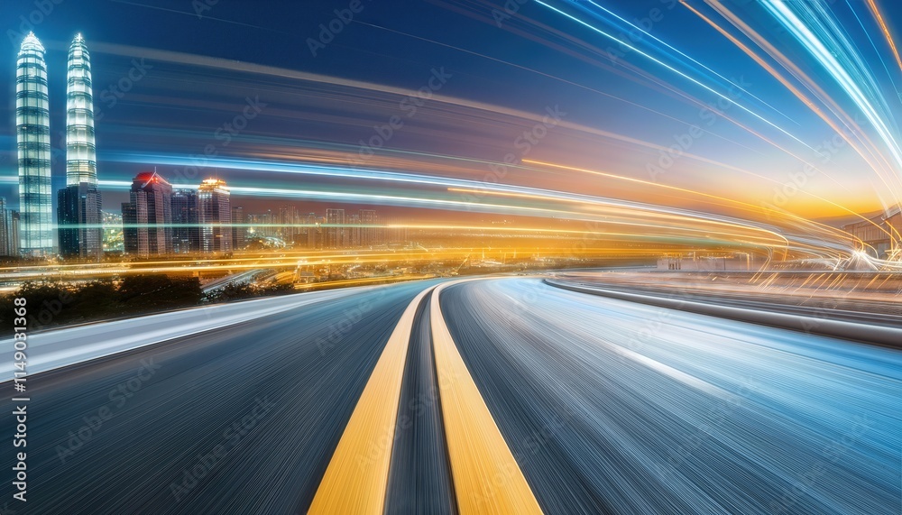 Poster abstract futuristic background featuring highspeed straight blue and yellow lines with bokeh glowing