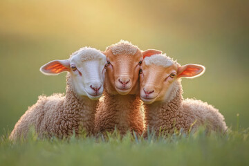Naklejka premium Three adorable lambs huddled together in a grassy field at sunset.