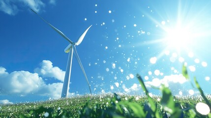 Wind turbine in sunny field with blue sky representing clean energy and sustainable ecology concept at the intersection of environmental pollution