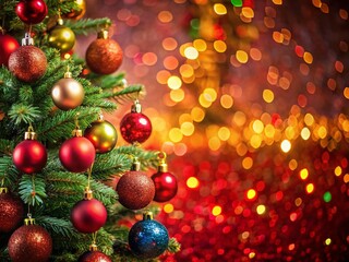 Festive Christmas Tree on Red Glitter, Sparkling Bokeh Lights - Holiday Stock Photo