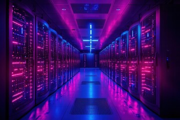 Fototapeta premium A futuristic data center illuminated with vibrant blue and pink lights.