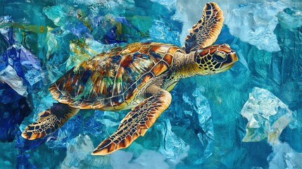 Sea turtle swimming amidst ocean plastic debris highlighting marine ecology and environmental pollution