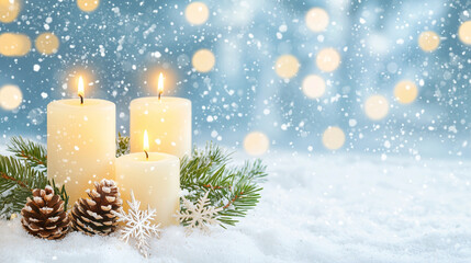 Glowing Winter Candles in Fresh Snow with Pinecones and Bokeh Lights