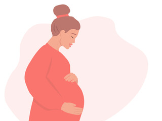 Silhouette of a pregnant in profile. A woman with a big belly is expecting a baby with love. Vector graphics.