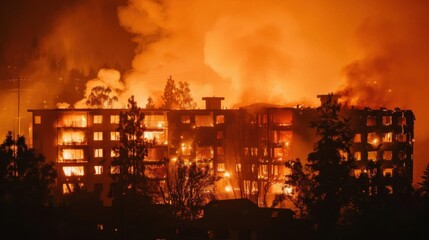 A building engulfed in flames, surrounded by smoke and trees at night.