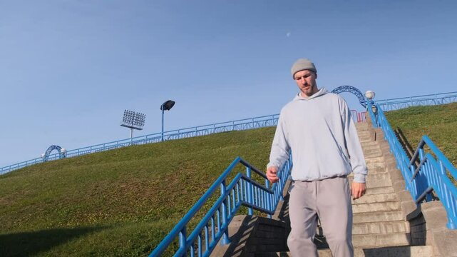 Athlete descends outdoor steps with blue railings, clear sky backdrop. Training and fitness concept